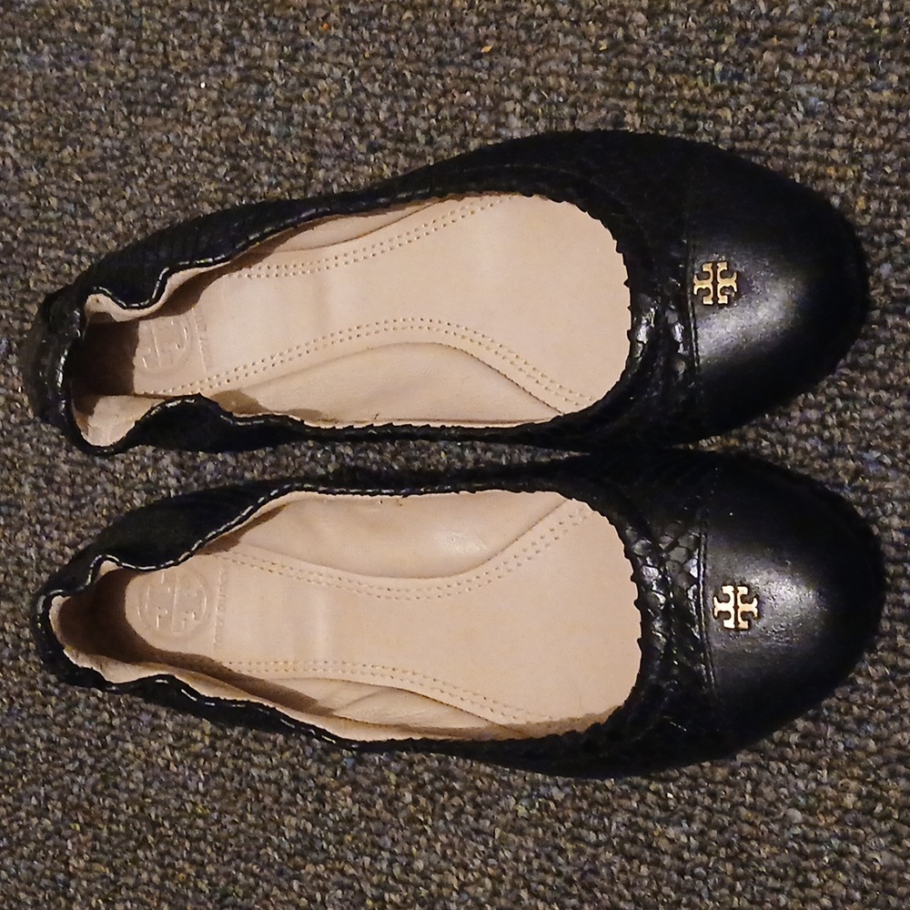 Tory Burch Black Snakeskin Flats